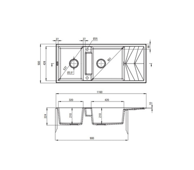 DEANTE MAGNETIC Zlewozmywak granitowy magnetyczny 2-komorowy z ociekaczem Alabaster ZRM_A213 - rysunek techniczny