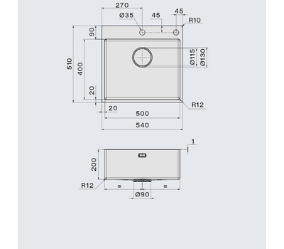 Zlewozmywak  Falmec Garda Inox 50 - rysunek techniczny